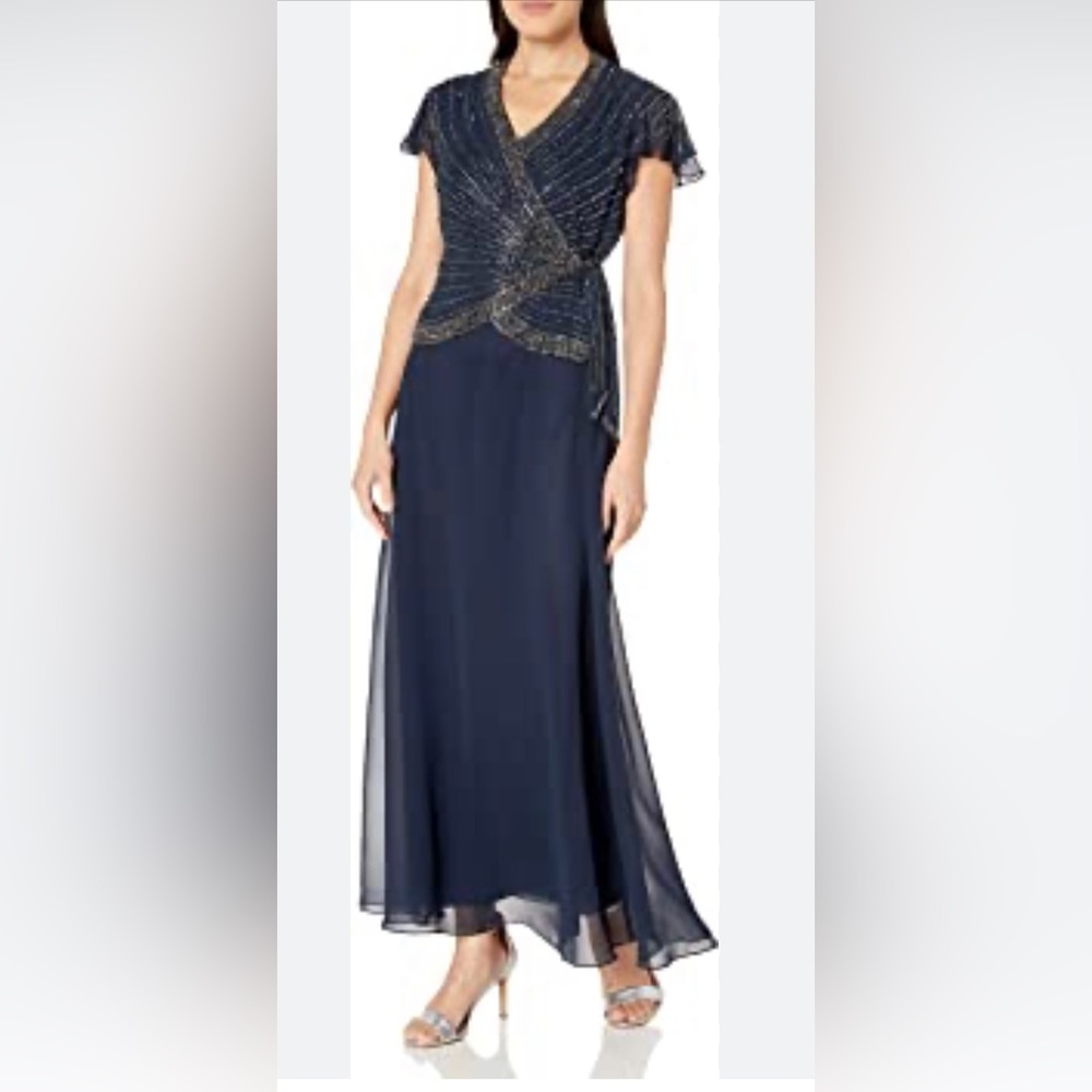 J Kara Women's Faux Wrap Long Dress W/Flutter Sleeve